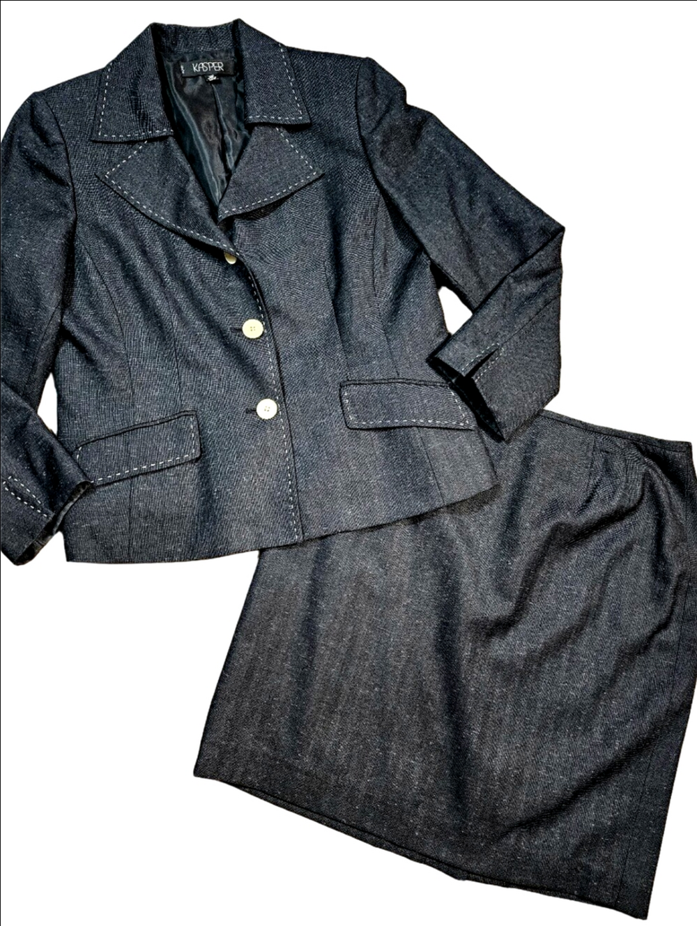 Kasper Petite Black Two Piece Jacket Blazer & Pencil Skirt Coordinating Suit Set